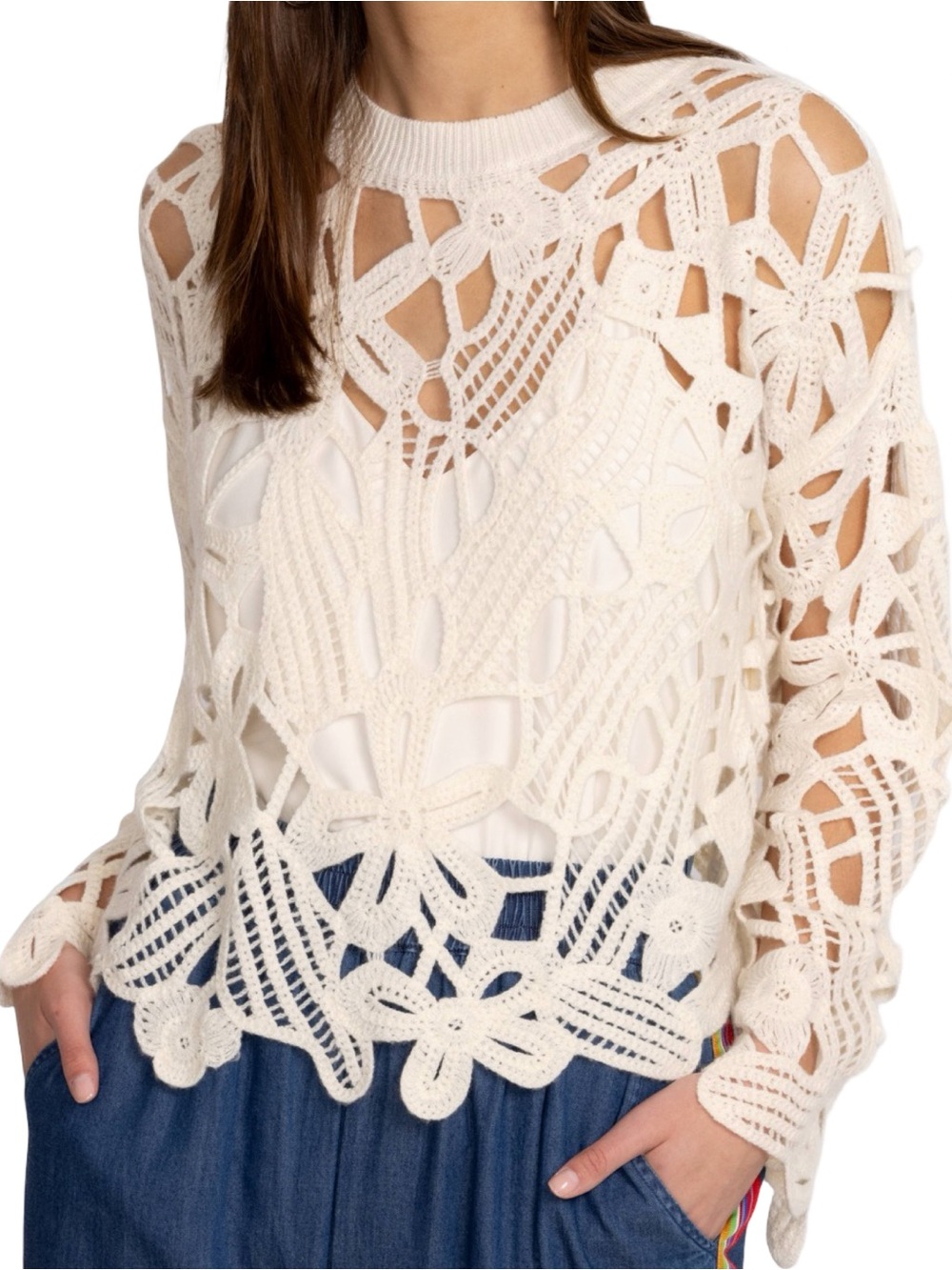 Johnny Was Women’s Size S Ivory Cream Susie Crochet Lace Crewneck Sweater